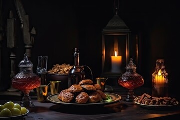 Fototapeta premium Still life with dates, wine, walnuts and candlesticks, Delicious Ramadan iftar and Suhoor traditional meal, AI Generated