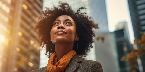 Happy wealthy rich successful black businesswoman standing in big city modern skyscrapers street on sunset thinking of successful vision, dreaming of new investment opportunities. Generative AI