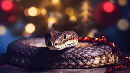 Obraz premium Snake on the background of a red Christmas background. Symbol of 2025. Chinese New Year. Generative AI