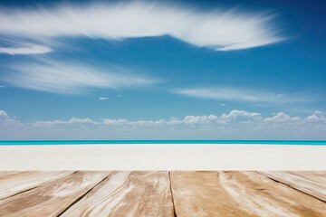 Fototapeta premium For showcasing your stuff - beach & summer themes - use a wood table top with a blue sea and sky background. Generative AI