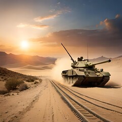 armored tank crosses a mine field during war invasion epic scene of fire and some in the desert,  Generative AI.