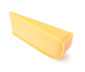 Piece of tasty cheddar cheese on white background