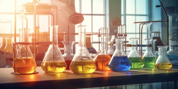 AI Generated. AI Generative. Chemistry lab laboratory technical equipment with many glassware bottle for medicine research. Graphic Art