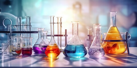 AI Generated. AI Generative. Chemistry lab laboratory technical equipment with many glassware bottle for medicine research. Graphic Art