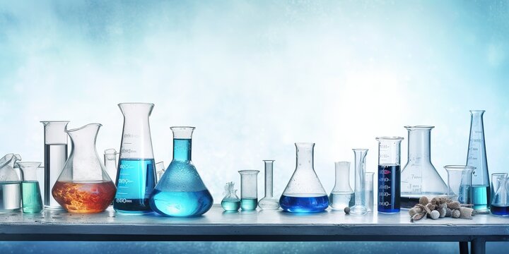 AI Generated. AI Generative. Chemistry lab laboratory technical equipment with many glassware bottle for medicine research. Graphic Art