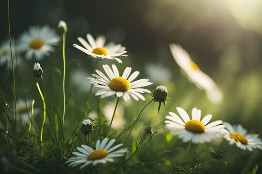 Green summer environment with chamomile flowers in the background. Flowery spring scene with daisies and green grass. Generative AI