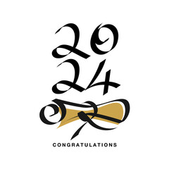 Class of 2024 congratulations. New unique modern handwritten calligraphy numbers. Design banner in gold black white background