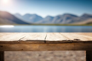 Empty old wooden table in front of blurred background of the lake, mountain, blue sky among bright sunlight on a clear day. might be used for montage or display to showcase your items. Generative AI