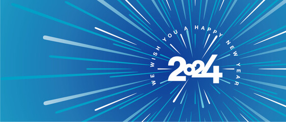 We wish you a Happy New Year 2024 high warp speed space white type typography with abstract tunnel or speedometer shape background greeting card