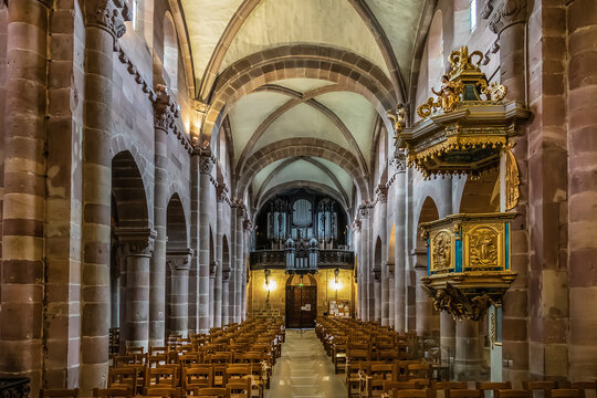 Inside of Saint Faith of Selestat (Eglise Sainte-Foy de Selestat). The church dates back to 12th century. SELESTAT, FRANCE. November 28, 2020.
