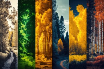 serene forest landscape in four different scenes. Generative AI