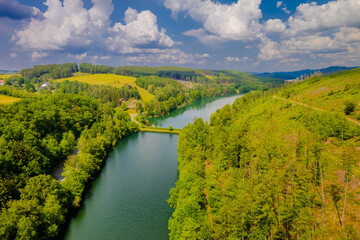 Aerial view of green summer forest and blue river