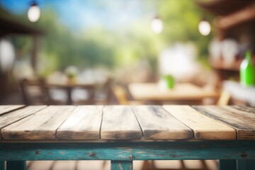 A blurred background of an empty wooden table with a backyard party. Generative AI