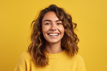 Happy brunette woman smiling, isolated on plain yellow background. Generative AI illustration.