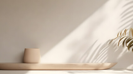 Blank beige brown cement curve counter podium with texture, soft beautiful dappled sunlight, leaf shadow on white wall for luxury organic cosmetic, skincare, beauty treatment product background 3D.