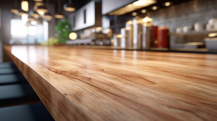 Wooden Table with Kitchen Items on a Restaurant. Ideal for plate placement.