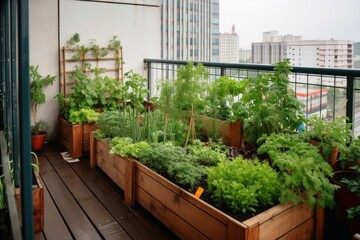 A small vegetable garden on a balcony in a big city created with generative AI technology. - obrazy, fototapety, plakaty