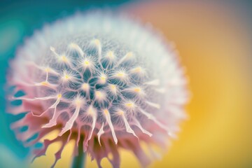 Brightly colored abstract dandelion bloom on a colorful background. Extreme closeup with soft focus, excellent natural details, and a very small depth of field. Generative AI