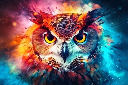 Abstract animal Owl portrait with colorful paint created with generative AI technology.