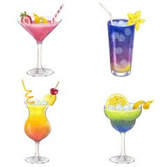 Set beach alcohol cocktail. Martini Mojito Tequila Sunrise Daiquiri Margarita drink. Hand-drawn watercolor illustration on white background. For cafe restaurant bar menu