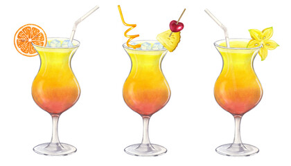 Batch orange cocktail Sex on the beach, Tequila Sunrise. Cherry, pineapple, carambola, straw, ice. Hand drawn watercolor illustration isolated on white background. For bar, restaurant menu