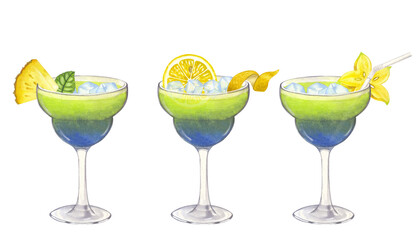 Batch blue green beach cocktail. Carambola, pineapple, lemon, ice. Summer tropical drink. Hand-drawn watercolor illustration on white background. For cafe restaurant bar menu