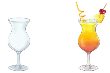 Cocktail Sex on the beach liquor, empty transparent glass. Cherry, pineapple, straw, ice. Hand drawn watercolor illustration isolated on white background. Design element for bar, restaurant menu