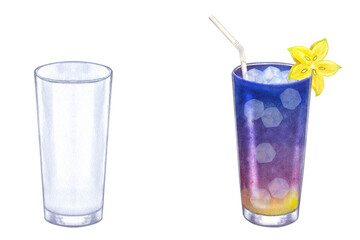 Cocktail purple blue fresh juice or alcoholic, empty transparent glass. Ice, straw, carambola. Hand drawn watercolor illustration isolated on white background. For bar restaurant menu