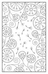 Original floral frame of blooming flowers. Beautiful vector dandelions, a pattern with many curly fluffs and dots.