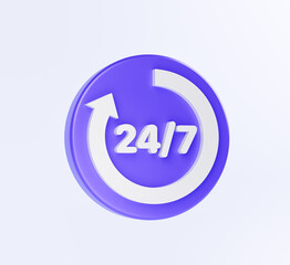 3D Purple 24 hours 7 days a week sign. 24 hours service. 24-7 open. Support service icon on isolated background. All day cyclic icon. 3D Open 24 hours 7 days icon. 3d rendering.