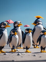 Obraz premium Group of cute penguins with sunglasses marching on ice. Generative Artificial Intelligence.