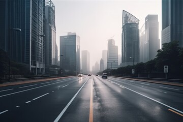 Obraz premium bustling city street with skyscrapers and busy people. Generative AI