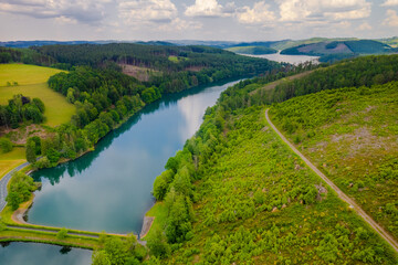 Fototapeta premium Aerial view of green summer forest and blue river