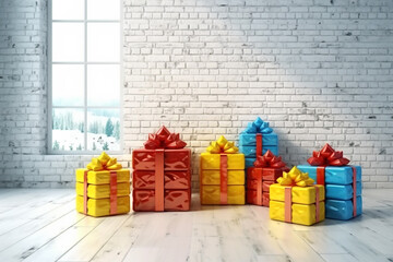 Blue,yellow and red boxes with yellow and red bows on gray backgraund. Generative AI