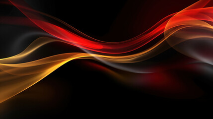 Abstract 3d background. Wavy smokey glowing stripes in red and gold tones on black background. Generative Ai.