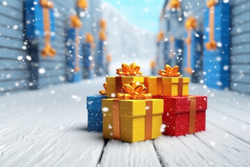 Yellow gift boxes with golden bows. Generative AI