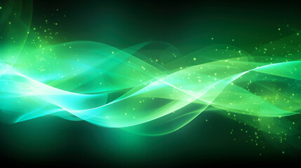 Abstract green banner. Green glowing background with defocused gold particles and wavy stripes. Generative Ai.