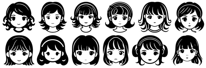 Kawaii girl silhouettes set, large pack of vector silhouette design, isolated white background