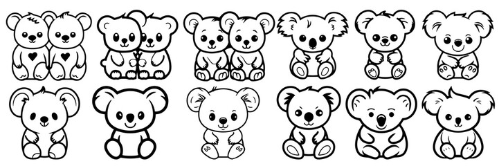 Kawaii koala silhouettes set, large pack of vector silhouette design, isolated white background