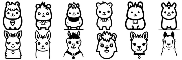 Kawaii llama alpaca silhouettes set, large pack of vector silhouette design, isolated white background
