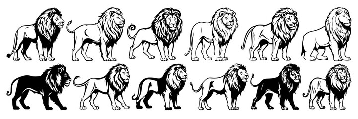 Lion silhouettes set, large pack of vector silhouette design, isolated white background