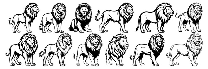 Lion silhouettes set, large pack of vector silhouette design, isolated white background