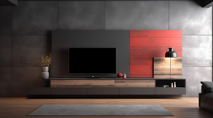 wood modern entertainment center with tv screen in the room. Generative AI.