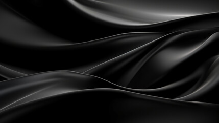 Abstract 3d background. Black wavy satin textile. Draped dark silk fabric. Generative Ai.