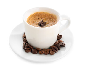 Cup of delicious espresso, coffee beans and saucer on white background