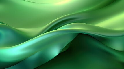 Abstract 3d background. Green satin drapery. Smooth glossy waves of green silk fabric. Generative Ai.