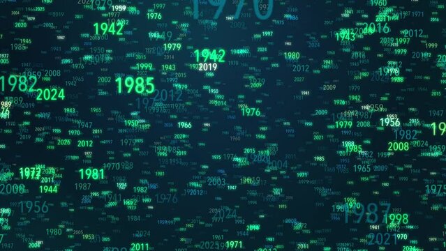 Green numerical figures representing years soar through the air. Showing a sense of movement and freedom, with the numbers constantly shifting and swirling in unpredictable patterns.