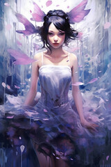 A beautiful young lady in violet tutu covered by water and butterfly. AI generative