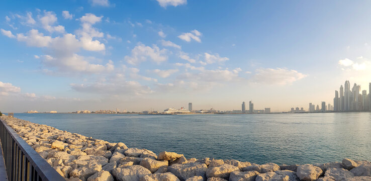  Panoramic View Of Business Bay District With Reflection In Sea In Morning. Aerial Sky At Highest Buildings In Central Dubai, United Arab Emirates