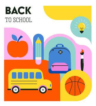 Vibrant Color Back To School background concept design. Geometrical flat style illustration, banner and poster. School supplies, backpack and yellow bus illustration